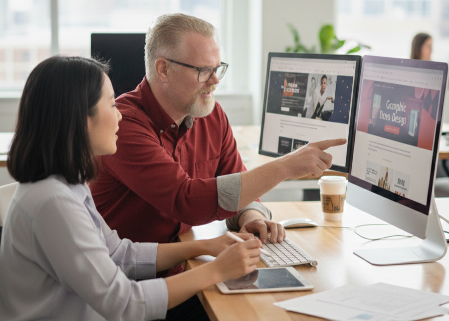 Jason Jennings providing digital marketing coaching, helping a client with SEO and strategy at a computer.